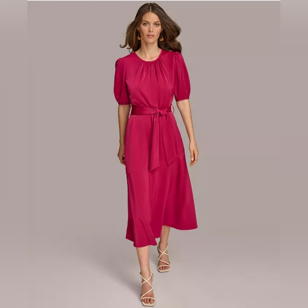 Donna Karan Fuchsia Midi Dress with Puff Sleeves - Picture 3 of 9